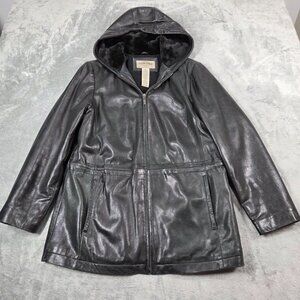 Vintage Sonoma Black Leather Coat Womens Small Fleece Lined Hooded Y2K READ